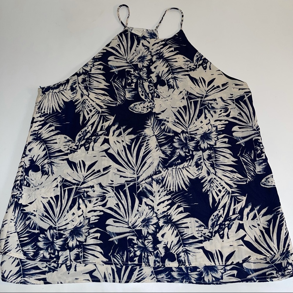 Paper Crane Navy Tropical Print Blouse Medium